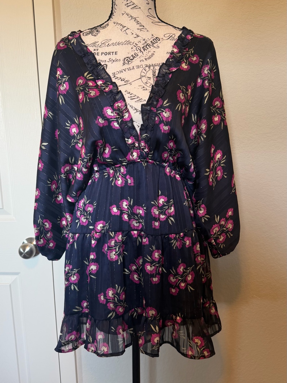 VICI Navy Floral Ruffle V-Neck Dress